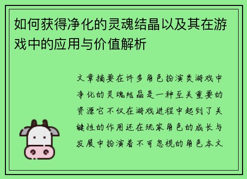 如何获得净化的灵魂结晶以及其在游戏中的应用与价值解析