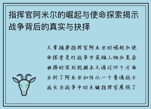 指挥官阿米尔的崛起与使命探索揭示战争背后的真实与抉择